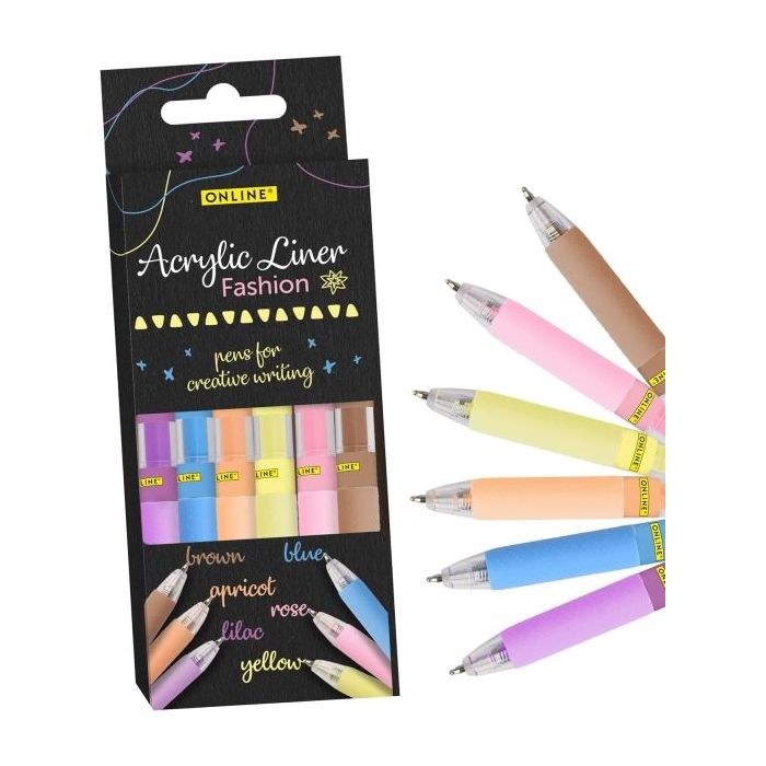 Online Fashion Pack de 6 Boligrafos Retractiles - Tinta Acrilica - Punta Fina de 1mm - Colores Surtidos