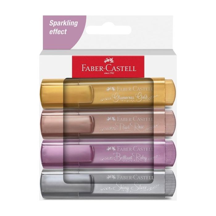 Faber-Castell Textliner 46 Pack de 4 Marcadores Metalizados - Punta Biselada - Trazo entre 1mm y 5mm - Tinta con Base de Agua -