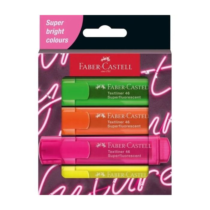 Faber-Castell Textliner 46 Ed. Genz Superfluorescente Pack de 4 Marcadores Fluorescentes - Punta Biselada - Trazo entre 1mm y 5m
