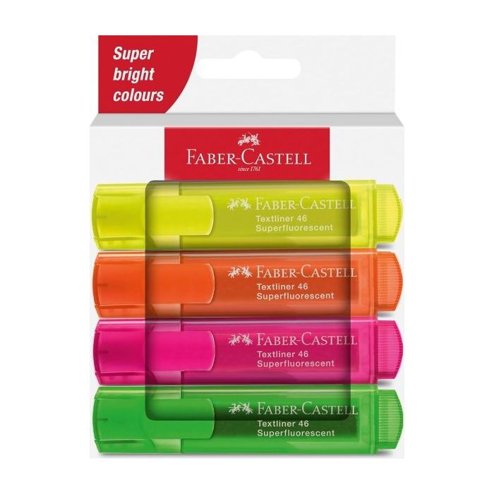 Faber-Castell Textliner 46 Superfluorescente Pack de 4 Marcadores Fluorescentes - Punta Biselada - Trazo entre 1mm y 5mm - Tinta