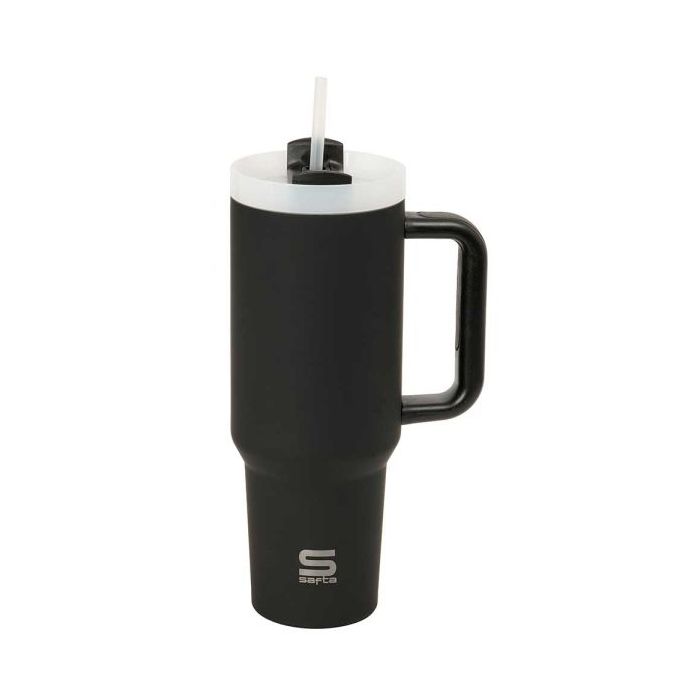 Safta Vaso con Asa Termico - Capacidad 1.2L - Pajita - Base Antideslizante - Acero Inoxidable - Doble Pared - 12h Caliente - 24h