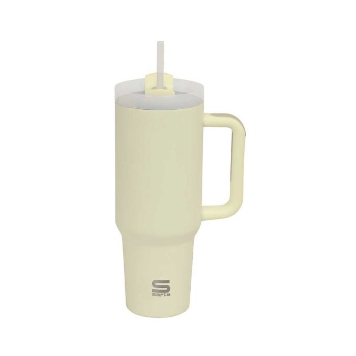 Safta Vaso con Asa Termico - Capacidad 1.2L - Pajita - Base Antideslizante - Acero Inoxidable - Doble Pared - 12h Caliente - 24h