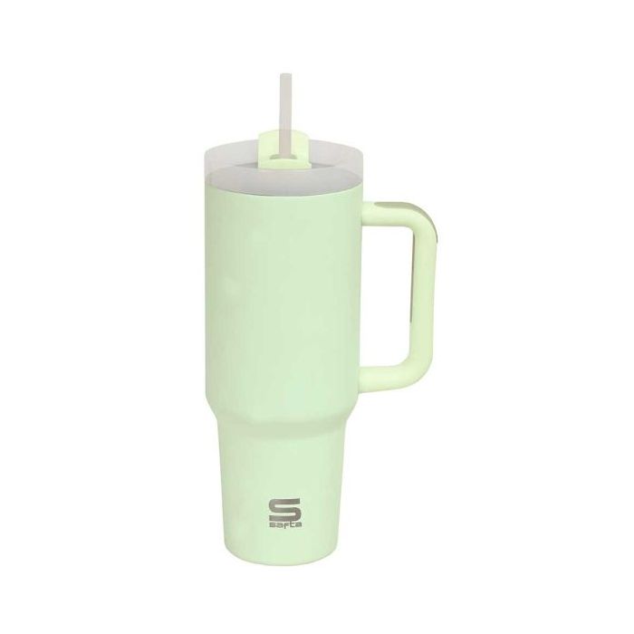 Safta Vaso con Asa Termico - Capacidad 1.2L - Pajita - Base Antideslizante - Acero Inoxidable - Doble Pared - 12h Caliente - 24h