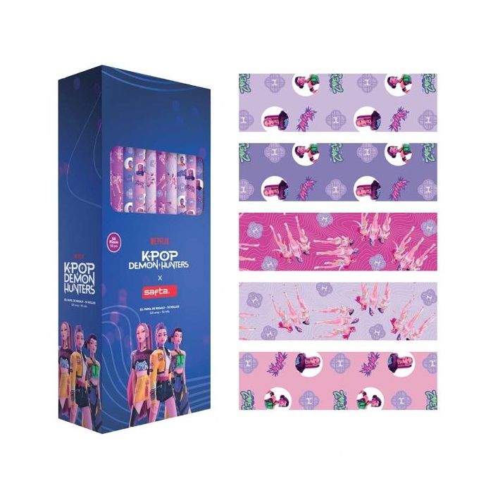 Safta K-Pop Demon Hunters Expositor con 50 Rollos de Papel Regalo - Medidas del Rollo 70x200cm - 5 Patrones Diferentes - 30.5x71