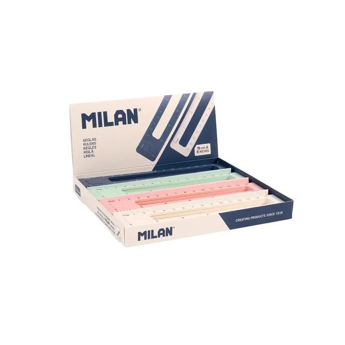 Milan 430 Since 1918 Expositor con 20 Reglas de 15cm - Doble Numeracion - Vaciado Interior - Colores Surtidos
