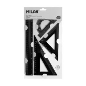 Milan Shadow Pack de 4 Reglas - Regla 30cm, Escuadra, Cartabon y Transportador de Angulos - Plastico Rigido - Opaca - Centimetro