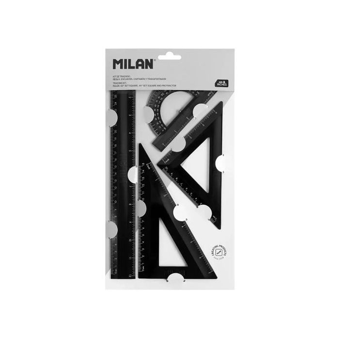Milan Shadow Pack de 4 Reglas - Regla 30cm, Escuadra, Cartabon y Transportador de Angulos - Plastico Rigido - Opaca - Centimetro