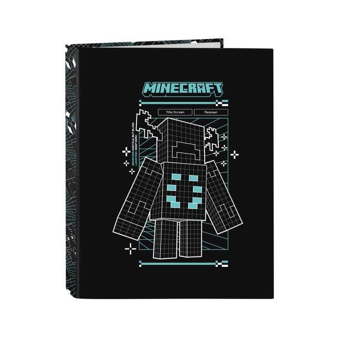 Safta Minecraft Screen Carpeta de 4 Anillas de 25mm - Formato Folio - Tapas Duras Forradas - 26.5x33x4cm - Color Negro