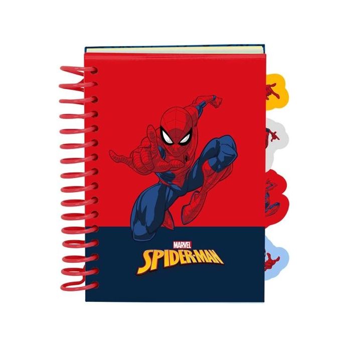 Safta Spider-Man Bloc de Notas - Formato A6 - 80 Hojas de 80 g/m2 - Espiral - Tapas Duras - 4 Separadores Interiores - 10.5x14.8