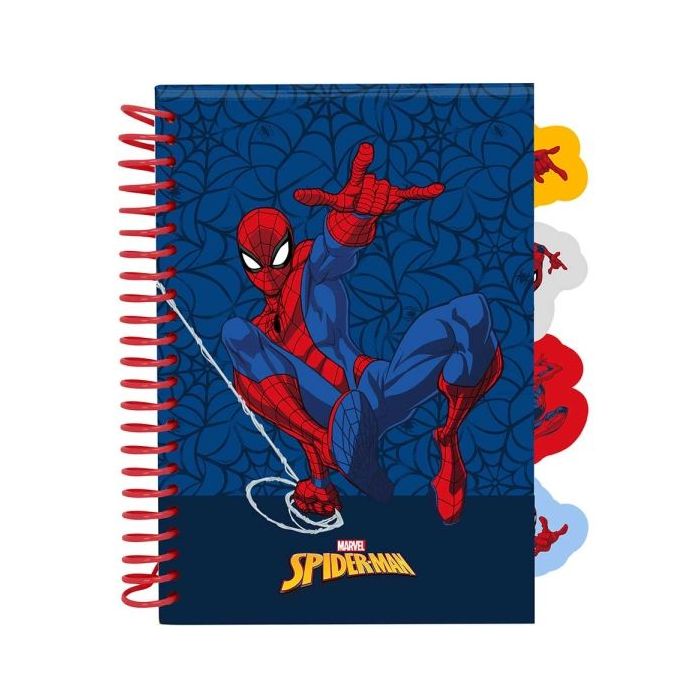 Safta Spider-Man Bloc de Notas - Formato A5 - 80 Hojas de 80 g/m2 - Espiral - Tapas Duras - 4 Separadores Interiores - 14.8x2.1c