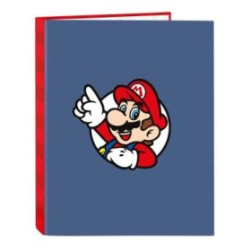 Safta Super Mario Carpeta de 4 Anillas de 25mm - Formato Folio - Tapas Duras Forradas - 26.5x33x4cm - Color Rojo y Azul