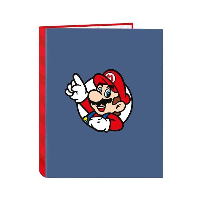 Safta Super Mario Carpeta de 4 Anillas de 25mm - Formato Folio - Tapas Duras Forradas - 26.5x33x4cm - Color Rojo y Azul
