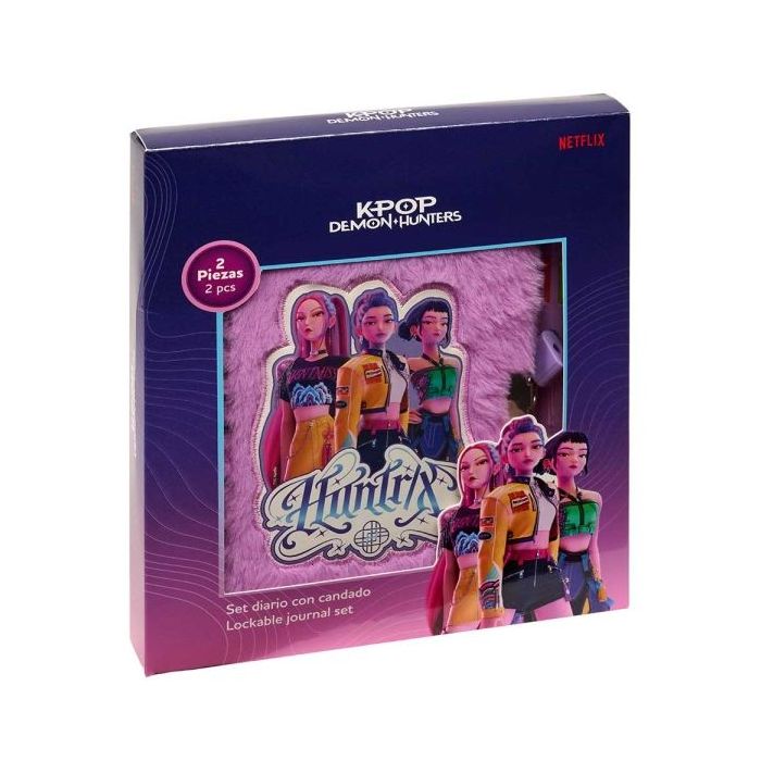 Safta K-Pop Demon Hunters Pack de Diario y Boligrafo de 10 Colores - Candado - Tapa con Pelo - Hojas Decoradas - Color Rosa