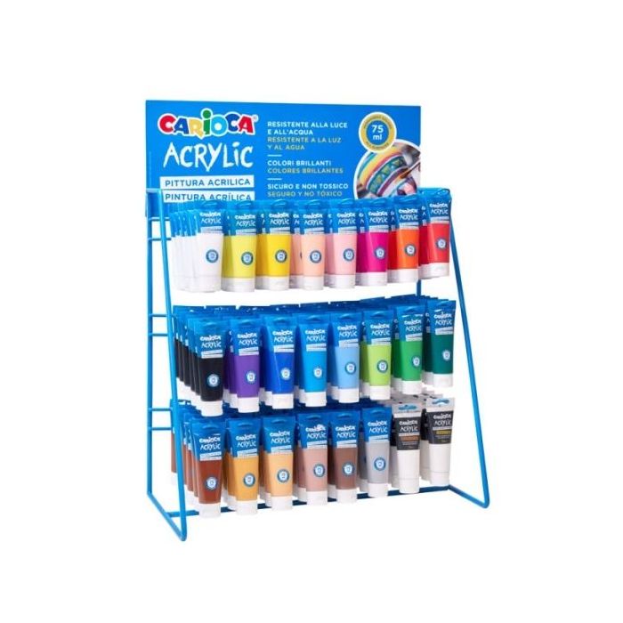 Carioca Expositor con 144 Tubos de Pintura Acrilica de 75ml - Colores Brillantes Resistentes a la Luz - Colores Surtidos