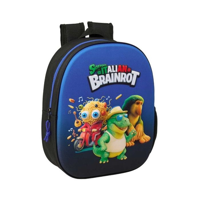 Safta Brainrot Mochila 3D - Portabotellas - Hombreras Acolchadas - Asa de Mano Superior - 27x33x10cm - Color Negro y Azul