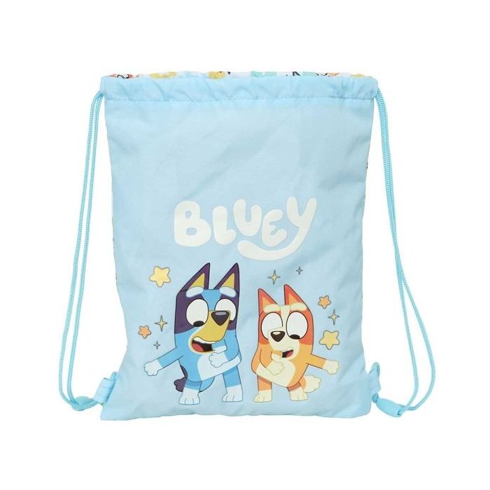 Safta Bluey Ready Saco Plano - Cierre con Cordones - Bolsillo Interior con Cremallera - 26x34x1cm - Color Azul Pastel