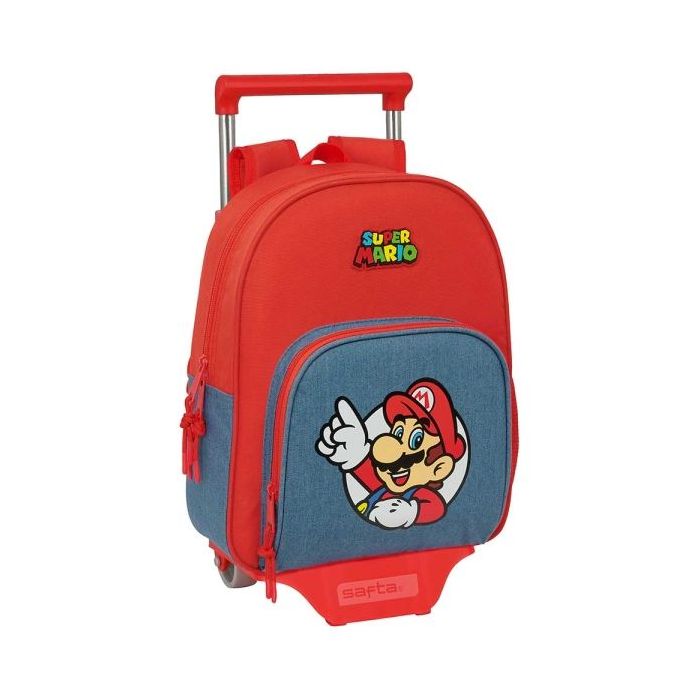 Safta Super Mario Mochila con Carro - Extraible - Portabotellas - Bolsillo Frontal - Asa de Mano - 28x34x10cm - Color Rojo y Azu