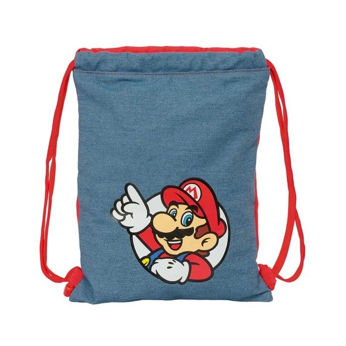 Safta Super Mario Saco Plano - Cierre con Cordones - Bolsillo Interior con Cremallera - 26x34x1cm - Color Rojo y Azul