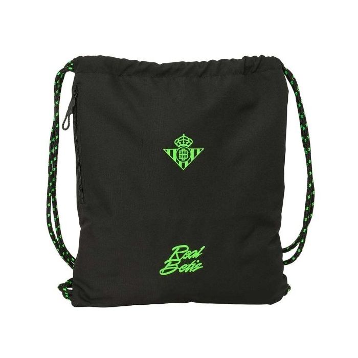 Safta Real Betis Balompie Saco de Deporte - Cierre con Cordones - Bolsillo Lateral con Cremallera - 35x40x1cm - Color Negro y Ve