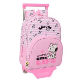 Safta Snoopy Mochila con Carro - Extraible - Portabotellas - Bolsillo Frontal - Asa de Mano - 26x34x11cm - Color Rosa