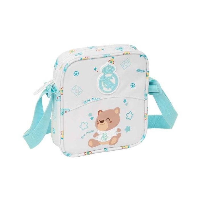 Safta Real Madrid Preescolar Bolsito con Bandolera Ajustable - Compacto - Cierre con Cremallera - 16x18x4cm - Color Blanco