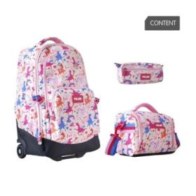 Milan Flowicorn Pack de Mochila con Ruedas 25L + Bolsa Isotermica Porta Alimentos de 5L + Estuche de 2 Cremalleras