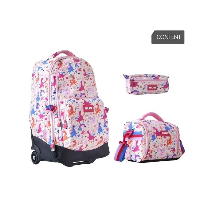 Milan Flowicorn Pack de Mochila con Ruedas 25L + Bolsa Isotermica Porta Alimentos de 5L + Estuche de 2 Cremalleras