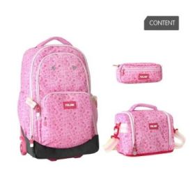 Milan Pink Flowers Pack de Mochila con Ruedas 25L + Bolsa Isotermica Porta Alimentos de 5L + Estuche de 2 Cremalleras