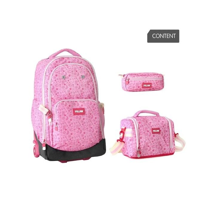 Milan Pink Flowers Pack de Mochila con Ruedas 25L + Bolsa Isotermica Porta Alimentos de 5L + Estuche de 2 Cremalleras
