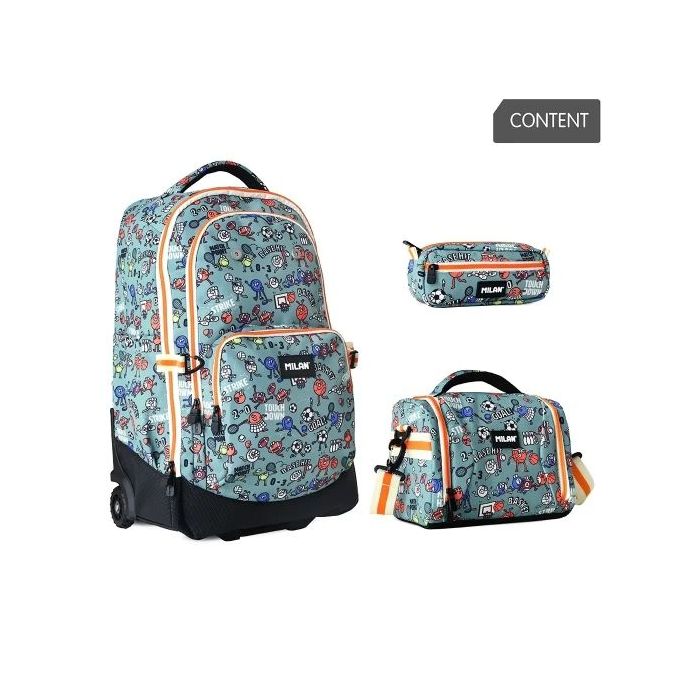 Milan Sports Pack de Mochila con Ruedas 25L + Bolsa Isotermica Porta Alimentos de 5L + Estuche de 2 Cremalleras