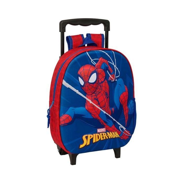 Safta Spider-Man Mochila con Carro - Portabotellas - Hombreras Acolchadas - Asa de Mano - 27x33x10cm - Color Rojo y Azul