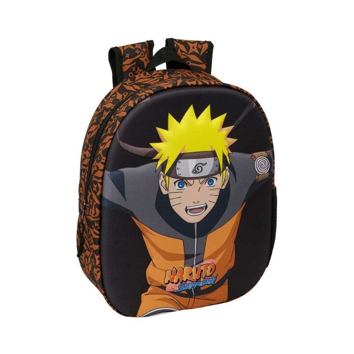 Safta Naruto Mochila 3D - Portabotellas - Hombreras Acolchadas - Asa de Mano Superior - 27x33x10cm - Color Negro y Naranja