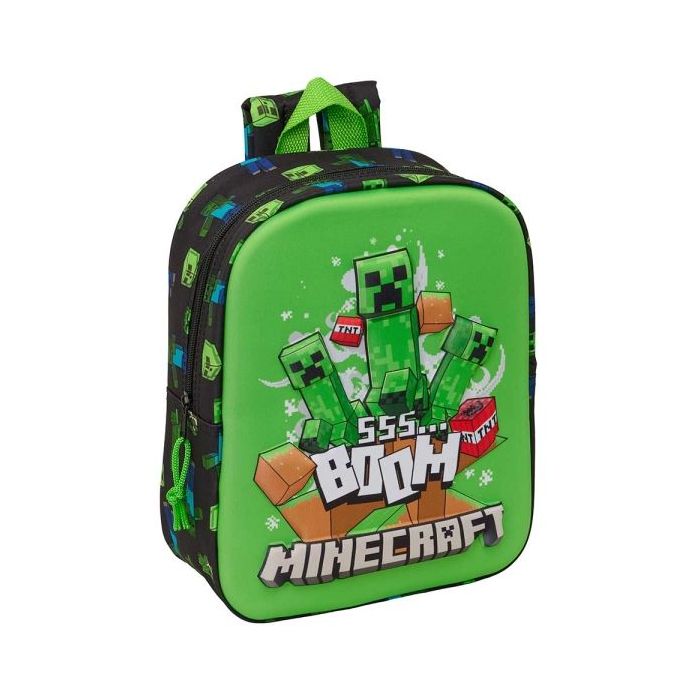 Safta Minecraft Boom Mochila Guarderia 3D - 6L - Cremallera - Asa de Mano - 22x27x10cm - Color Verde y Negro