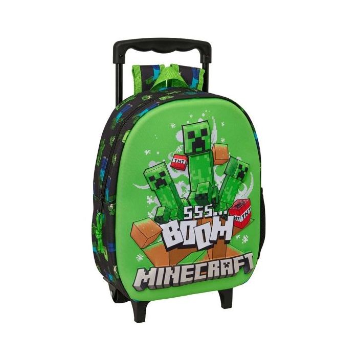 Safta Minecraft Boom Mochila con Carro - Portabotellas - Hombreras Acolchadas - Asa de Mano - 27x33x10cm - Color Verde y Negro