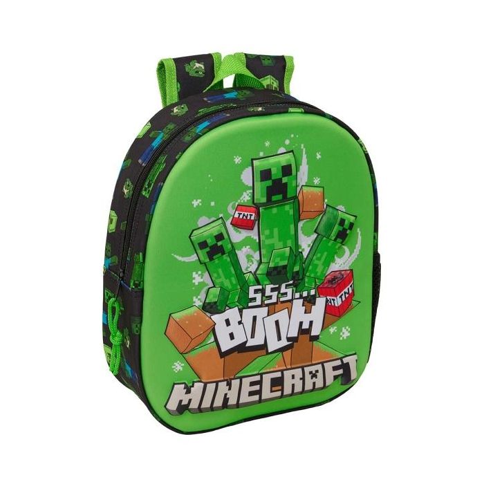 Safta Minecraft Boom Mochila 3D - Portabotellas - Hombreras Acolchadas - Asa de Mano Superior - 27x33x10cm - Color Verde y Negro