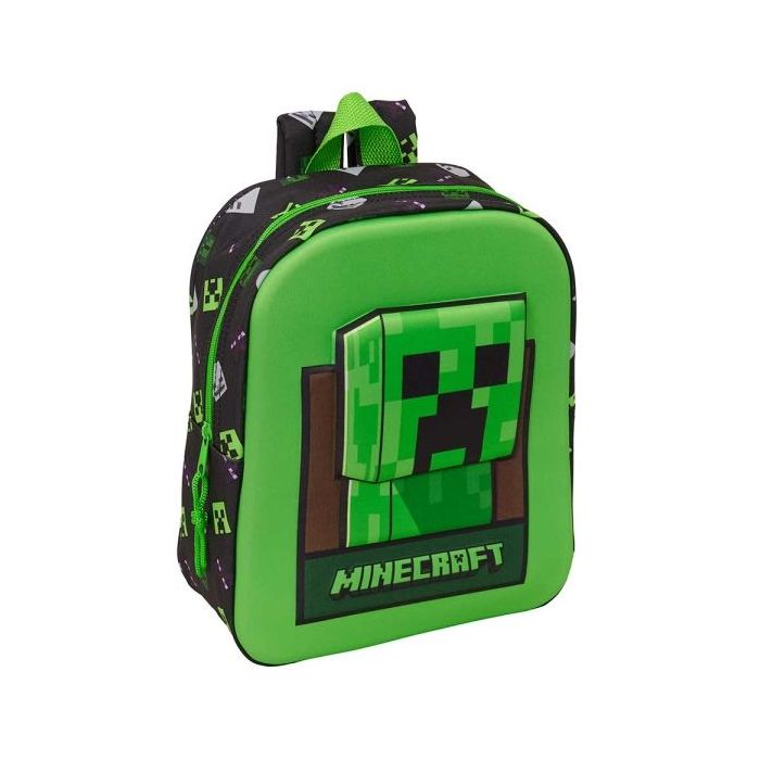 Safta Minecraft Mochila Guarderia 3D - 6L - Cremallera - Asa de Mano - 22x27x10cm - Color Verde y Negro