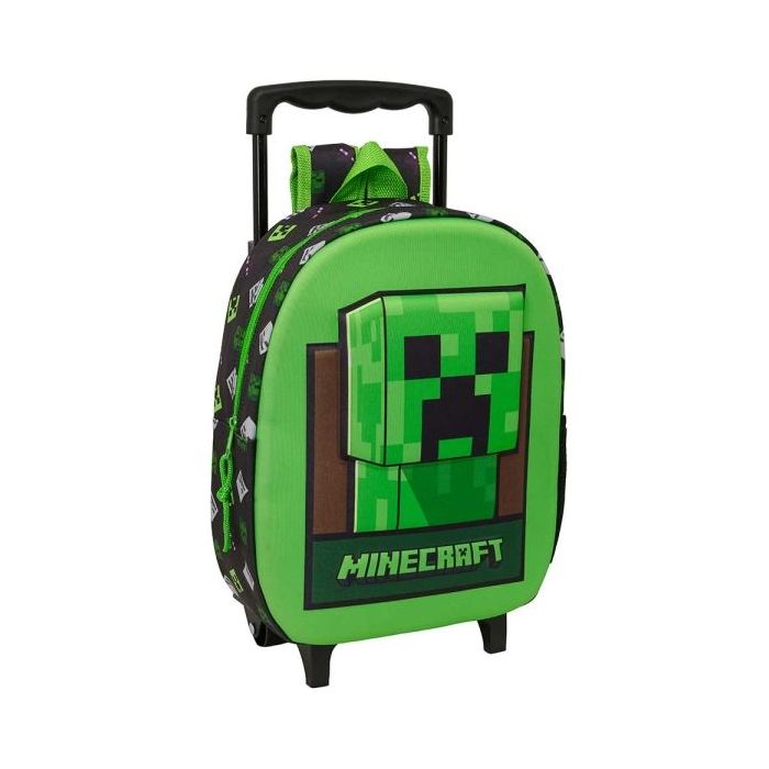 Safta Minecraft Mochila con Carro - Portabotellas - Hombreras Acolchadas - Asa de Mano - 27x33x10cm - Color Verde y Negro