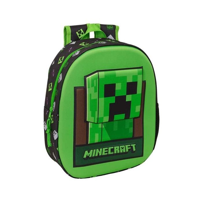 Safta Minecraft Mochila 3D - Portabotellas - Hombreras Acolchadas - Asa de Mano Superior - 27x33x10cm - Color Verde y Negro