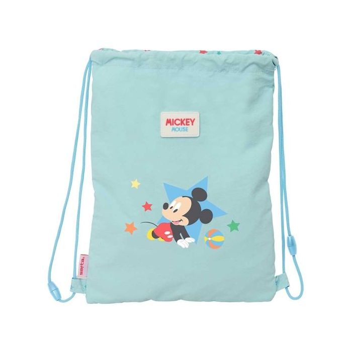 Safta Mickey Mouse Baby Saco Plano - Cierre con Cordones - Bolsillo Interior con Cremallera - 26x34x1cm - Color Azul Pastel