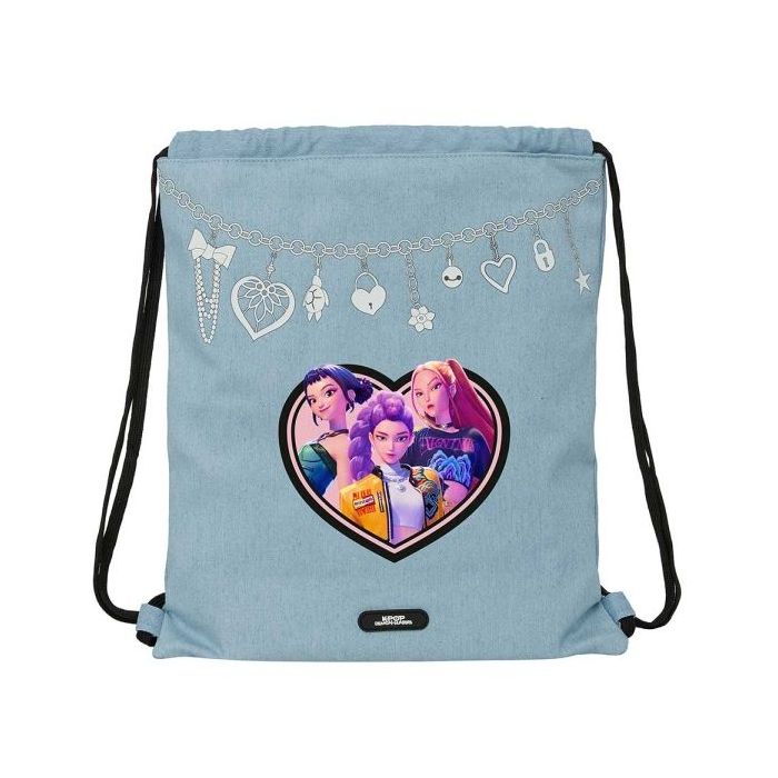 Safta K-Pop Demon Hunters Huntr/X Saco Plano - Cierre con Cordones - Bolsillo Interior con Cremallera - 35x40x1cm - Color Azul C
