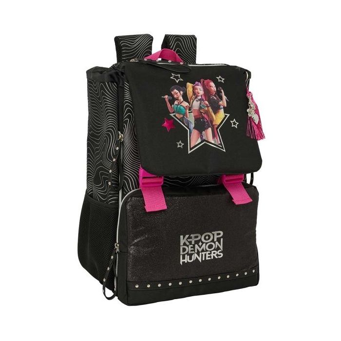 Safta K-Pop Demon Hunters Energy Mochila Extensible - Solapa - Cierre con Cordon - Portabotellas - Bolsillo Frontal - Detalles R