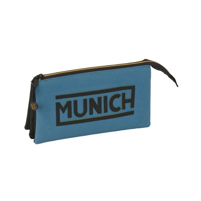 Safta Munich Portatodo - 3 Compartimentos con Cremallera - Bolsillo Interior Central - 22x12x3cm - Color Negro y Azul