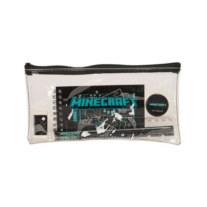 Safta Minecraft Screen Portatodo - Cremallera - PVC - Regla de 15cm - 2 Lapices - Sacapuntas - Goma - Bloc de Notas de 70 Hojas