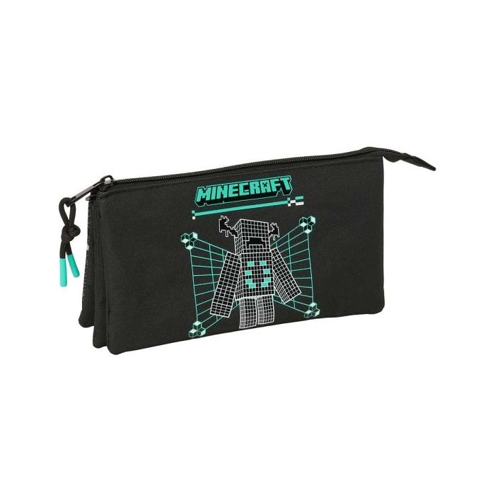 Safta Minecraft Screen Portatodo - 3 Compartimentos con Cremallera - Bolsillo Interior Central - 22x12x3cm - Color Negro