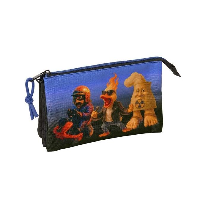 Safta Brainrot Portatodo - 3 Compartimentos con Cremallera - Bolsillo Interior Central - 22x12x3cm - Color Negro y Azul