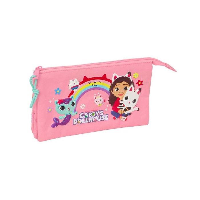 Safta Gabby's Dollhouse Portatodo - 3 Compartimentos con Cremallera - Bolsillo Interior Central - 22x12x3cm - Color Rosa