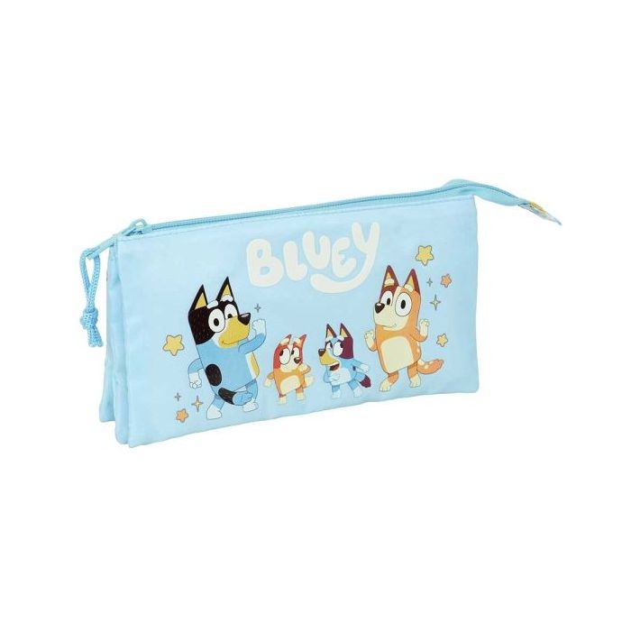 Safta Bluey Ready Portatodo - 3 Compartimentos con Cremallera - Bolsillo Interior Central - 22x12x3cm - Color Azul Pastel