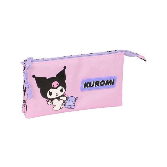 Safta Kuromi Portatodo - 3 Compartimentos con Cremallera - Bolsillo Interior Central - 22x12x3cm - Color Rosa