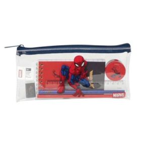 Safta Spider-Man Portatodo - Cremallera - PVC - Regla de 15cm - 2 Lapices - Sacapuntas - Goma - Bloc de Notas de 70 Hojas - 22.5