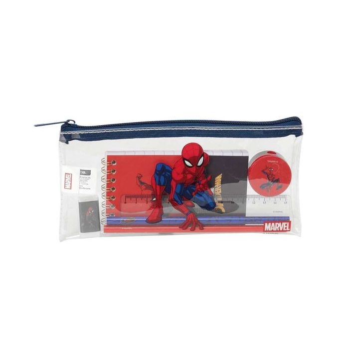Safta Spider-Man Portatodo - Cremallera - PVC - Regla de 15cm - 2 Lapices - Sacapuntas - Goma - Bloc de Notas de 70 Hojas - 22.5